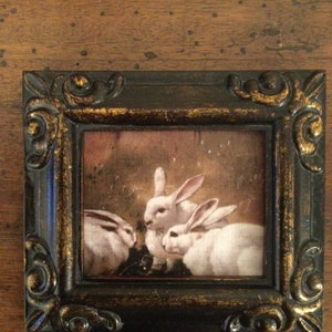 HAND PAINTED MINIATURE on print  bonded to canvas of  vintage bunny painting.