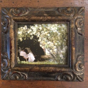 HAND PAINTED MINIATURE on a canvas print of lady in the garden image 1