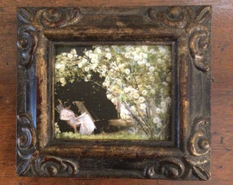 HAND PAINTED MINIATURE on a canvas print of lady in the garden