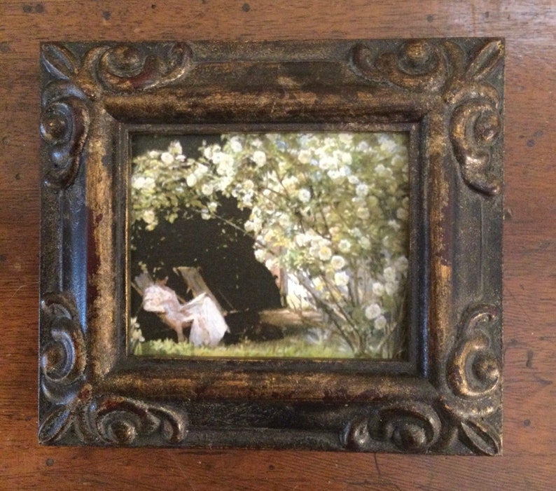 HAND PAINTED MINIATURE on a canvas print of lady in the garden image 1