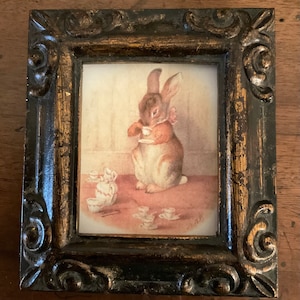 HAND PAINTED MINIATURE on a canvas print of vintage painting of bunny having tea
