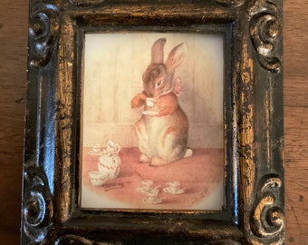 HAND PAINTED MINIATURE on a canvas print of vintage painting of bunny having tea