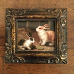 HAND PAINTED MINIATURE on canvas print of oil of rabbits /Framed image 1
