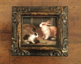 HAND PAINTED MINIATURE on canvas print of oil of rabbits /Framed