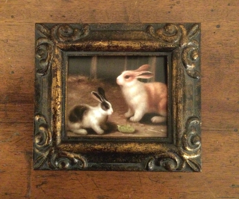 HAND PAINTED MINIATURE on canvas print of oil of rabbits /Framed image 1