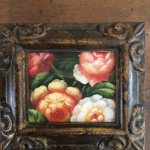 Original HAND PAINTED Miniature    oil   of flowers (4” x 5”),signed / framed/part of the Bertoli Collection