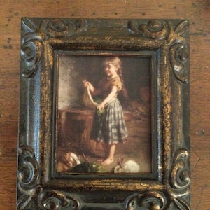 MINIATURE PAINTING  on a canvas print of girl with bunnies .framed bunny,rabbit painting