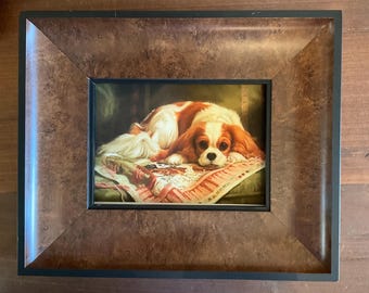 11.5x9.5 Burl wood framed 5x7” of KING CHARLES Dog on a  stretched Geclee canvas .