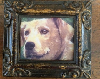 HAND PAINTED MINIATURE on print of yellow lab