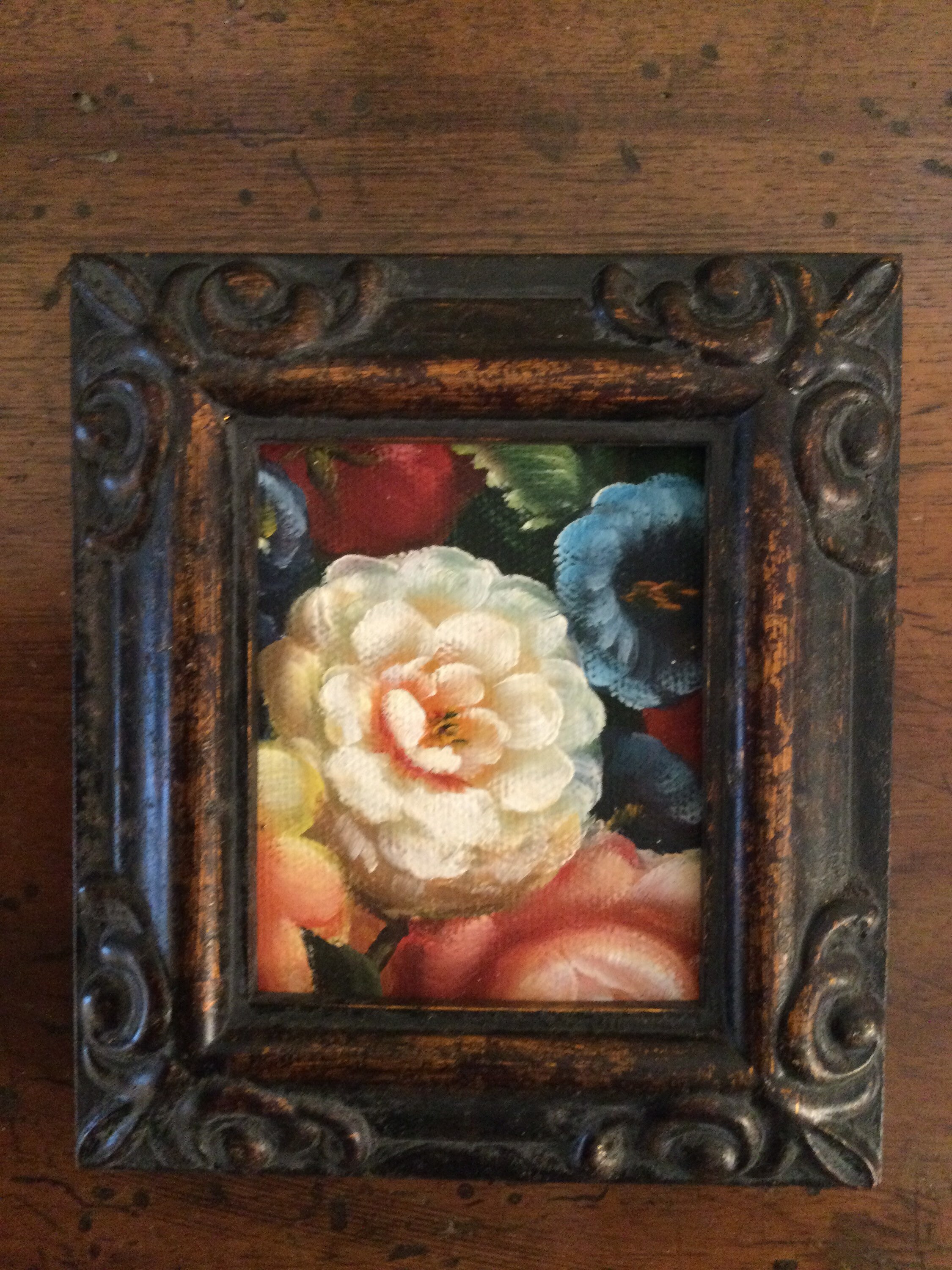Hand painted miniature  on print of a vintage painting of flowers