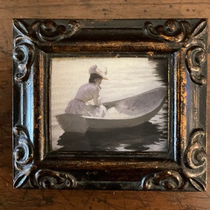 HAND PAINTED MINIATURE on linen paper and bonded to canvas of lady in a boat