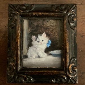 HAND PAINTED MINIATURE on a canvas print of white little kitten.