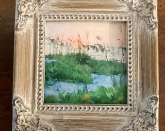 HANDPAINTED MINIATURE of the evening beach on a 3x3” linen paper print, bonded to canvas/ framed
