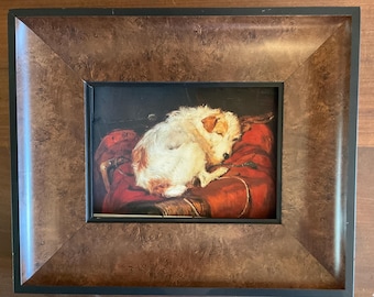 In a 9.5x11.5” Burl wood frame of a  5x7” vintage oil of a JACK RUSSELon a  Geclee canvas