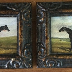 pair of HAND PAINTED MINIATURES on  canvas prints of horse and rider.