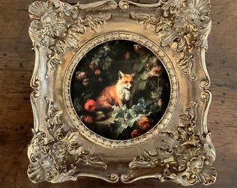 HAND PAINTED MINIATURE  of a fox on a 2.5” canvas print and placed in a heavy gold frame, ready to hang .