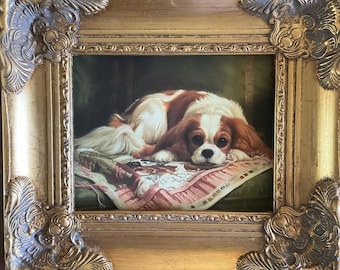 CANVAS  8x10” GECLEE of a King Charles dog in a heavy gold baroque gold frame.
