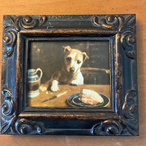 HAND PAINTED MINIATURE on  a canvas print of little dog dining