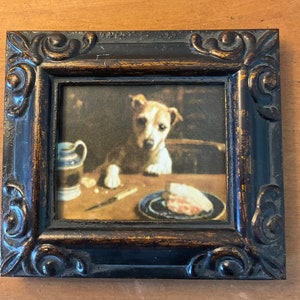 HAND PAINTED MINIATURE on  a canvas print of little dog dining
