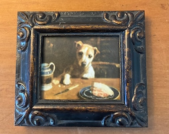 HAND PAINTED MINIATURE on  a canvas print of little dog dining