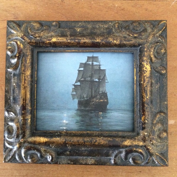 HAND PAINTED  MINIATURE on a canvas print of ship in the night.