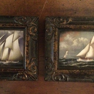 Pair of HAND PAINTED MINIATURES on  canvas prints of ships.