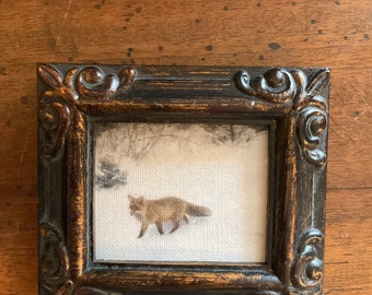 HAND PAINTED MINIATURE on a canvas print of a fox  in the snow.