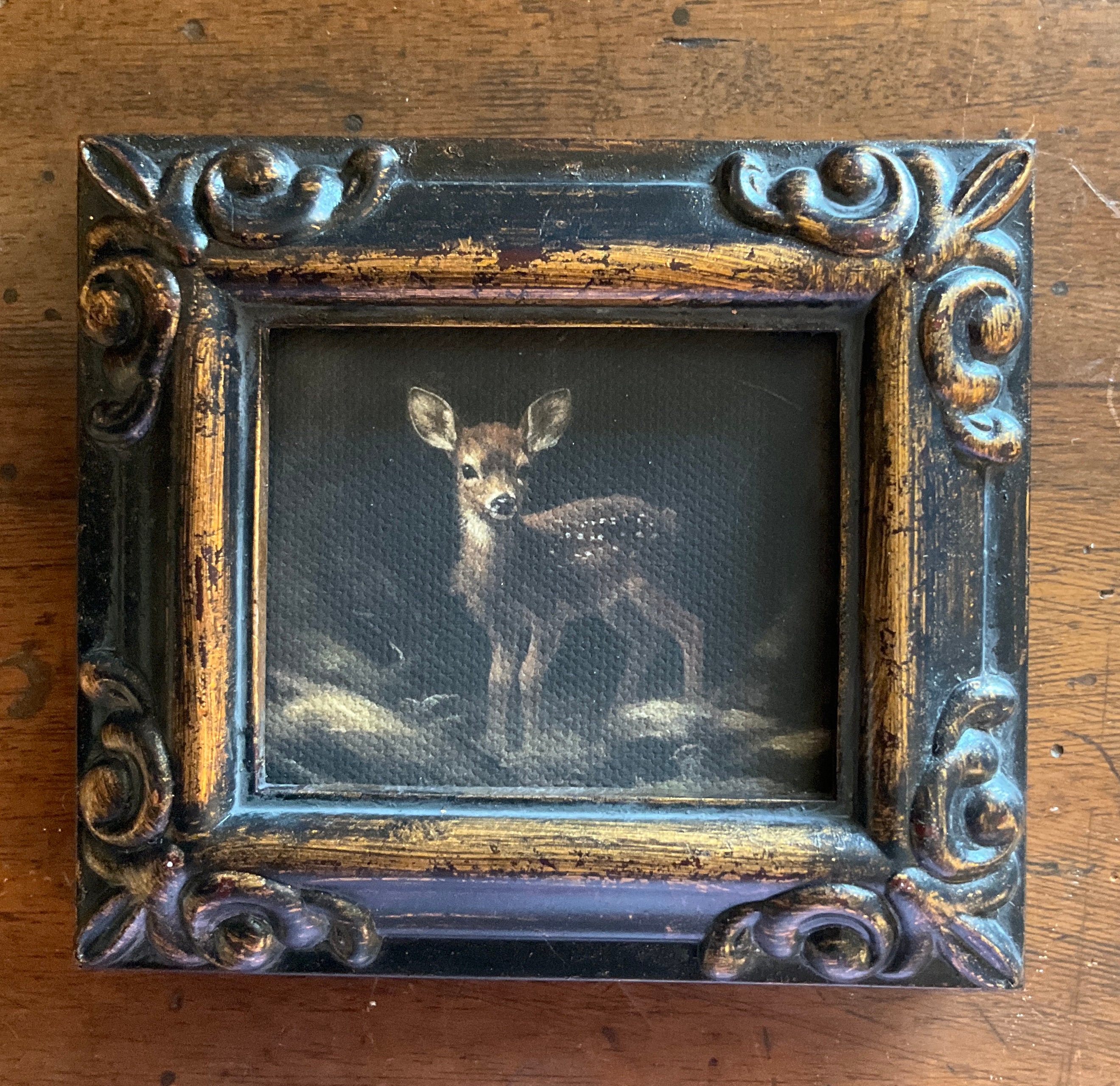HAND PAINT MINIATURE of baby fawn on a 2.5”x3” linen paper print bonded to canvas….. Framed