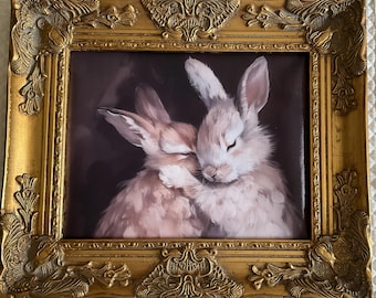 SPECIAL ORDER for Dawn / 11x14” geclee of bunnies hugging in a heavy gold frame. Ready to hang