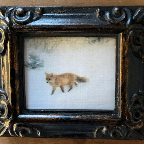 Hand Painted  MINIATURE  on a 2.5x3” canvas print  of a Fox in Snow, placed  in Antiqued Resin Frame / available larger 4x5” canvas GECLEE