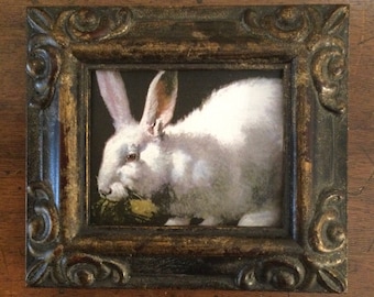 HAND PAINTED MINIATURE on  a  2.5x3” canvas print of white bunny,/ in an antiqued resin frame