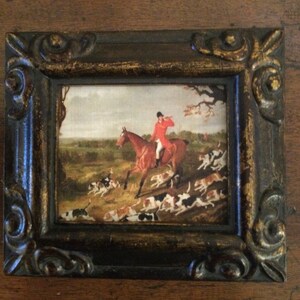 HAND PAINTED MINIATURE on print of vintage fox hunt painting. image 1