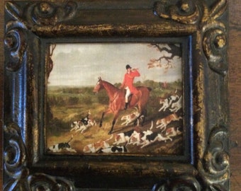 HAND PAINTED MINIATURE on print of vintage fox hunt painting.