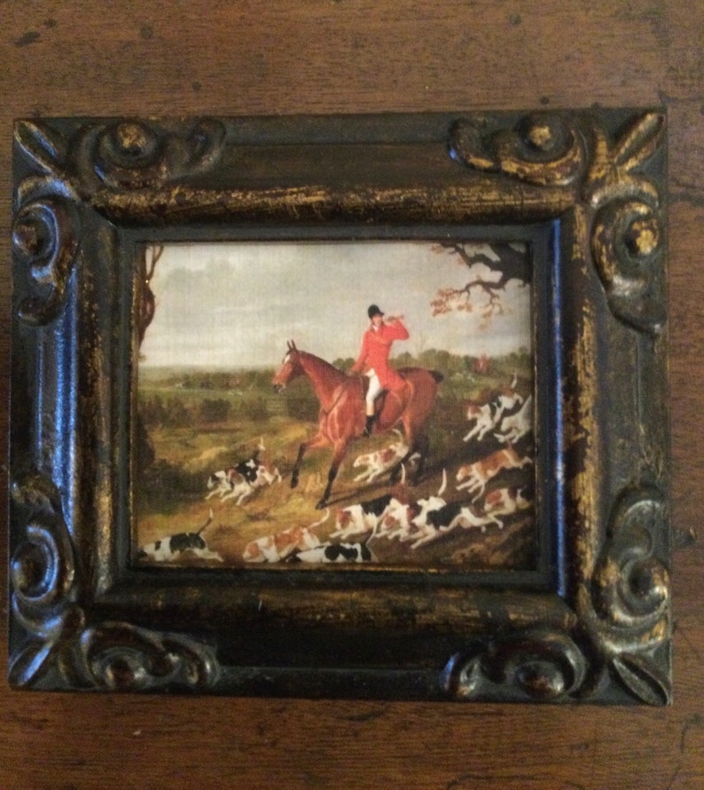 HAND PAINTED MINIATURE on print of vintage fox hunt painting. image 1