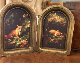 4x6” fox in flowers geclees . Placed in antiqued hinged frames