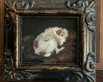 HAND PAINTED MINIATURE on canvas print of sleepy white terrier dog