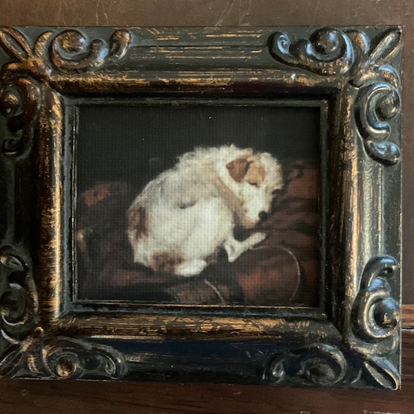 HAND PAINTED MINIATURE on a 2.5x3” linen paper print , bonded to canvas, of sleepy white terrier dog, placed in an antiqued resin frame