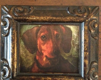 HAND PAINTED MINIATURE on  a canvas print of a sweet little little dash hound