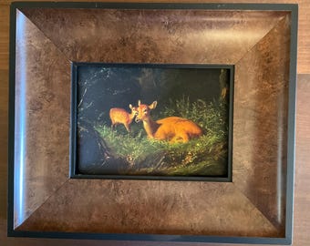 5x7” canvas Geclee of mother and her baby fawn , placed on a 9.5”x11.5” Burl wood frame, ready to hang.