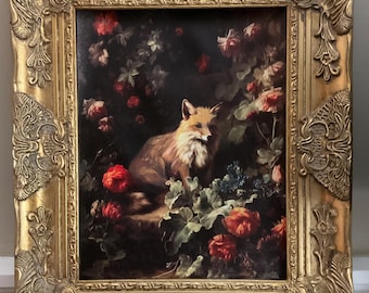 11x14”canvas giclee of a FOX in flowers/ in a Baroque frame.large box