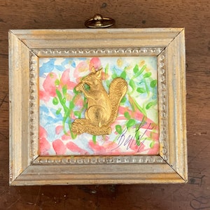 SALE/ ORIGINAL miniature PAINTING of flowers with brass squirrel