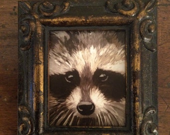 HAND PAINTED MINIATURE on a canvas print of orphaned raccoon.