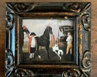 HAND PAINTED MINIATURE on canvas print of horseman and carriage