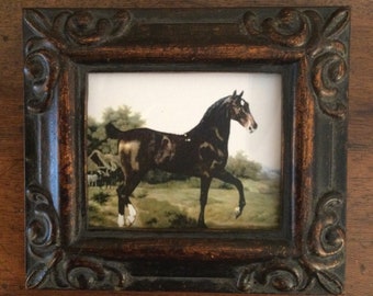 MINIATURE HAND PAINTING on  canvas print of vintage painting of horse.