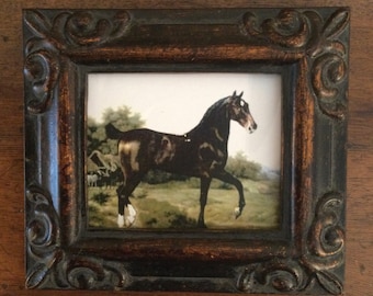 MINIATURE HAND PAINTING on  canvas print of vintage painting of horse.