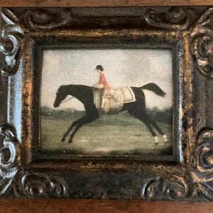 HAND PAINTED MINIATURE on  a 2.5x3” linen paper print , bonded to canvas of girl on horse.