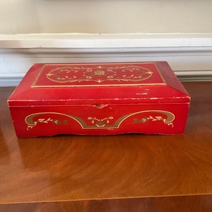 VINTAGE Princess Marcella Borghese Music Box/ jewelry Box/ red painted Design with Coat of Arms…plays beautifully