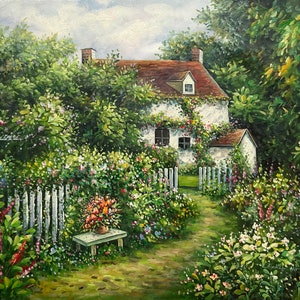 Large ORIGINAL OIL PAINTING 20”x24” of sweet cottage