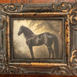 HAND PAINTED Miniature on a  2.5x3” canvas giclee of Black HORSE / framed