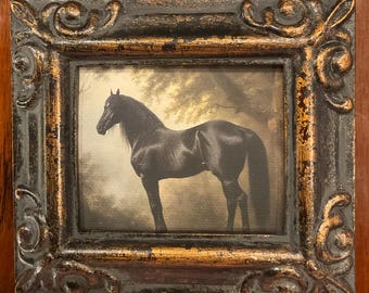 HAND PAINTED Miniature on a  2.5x3” canvas giclee of Black HORSE / framed